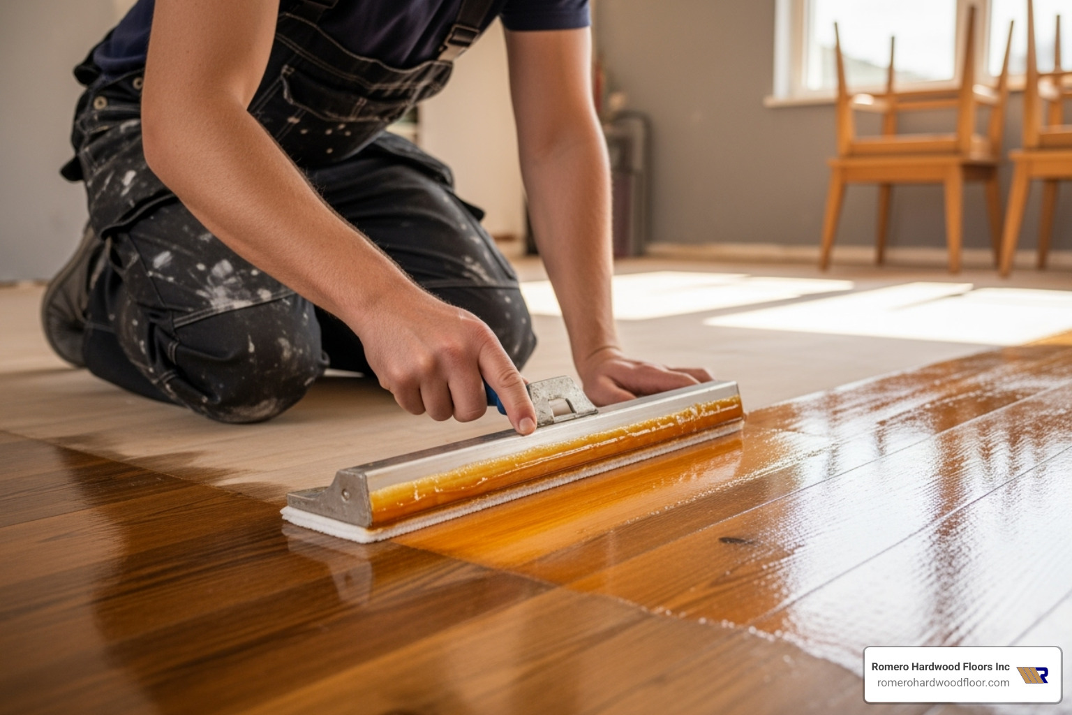 person applying varnish smoothly with a T-bar applicator - floorboard stain and varnish