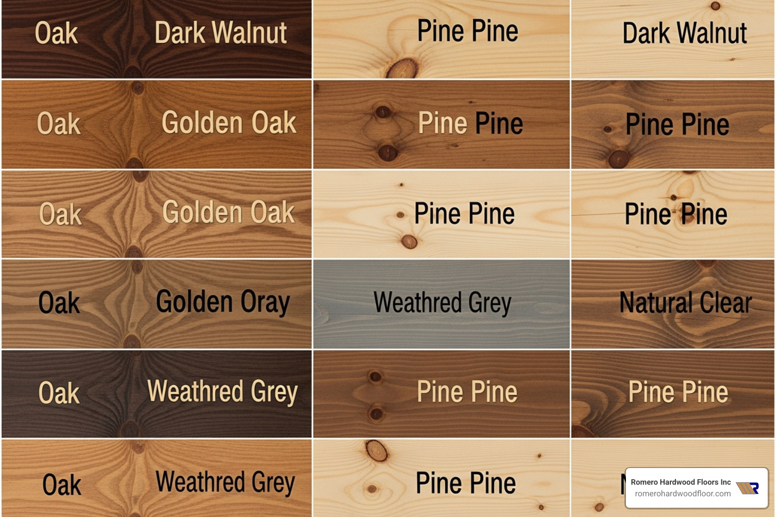 different stain colors on oak and pine wood samples to show how wood type affects the final color - floorboard stain and varnish