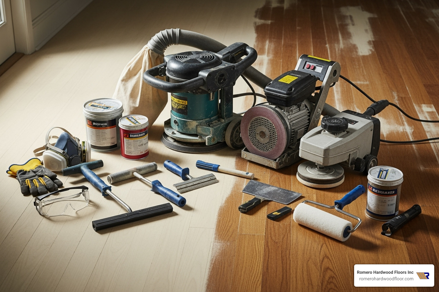 essential floor refinishing tools like a drum sander, edger, buffer, applicators, and safety gear - floorboard stain and varnish