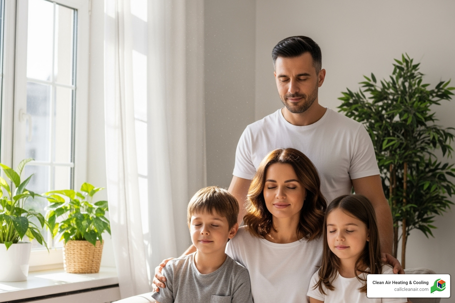 A happy family breathing clean air in their living room, indicating improved indoor air quality - hvac cleaning cost near me