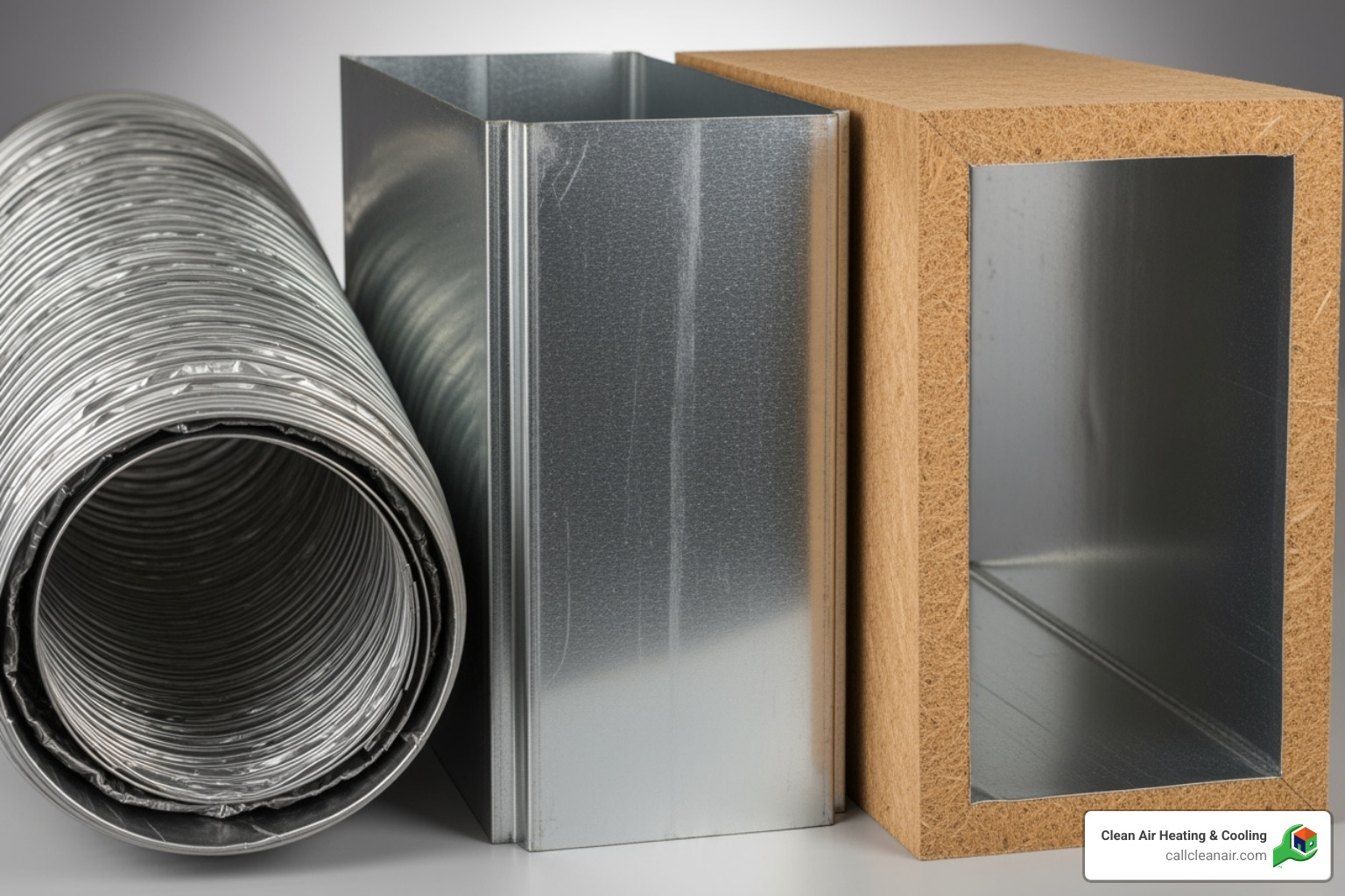Various types of ductwork, including flexible ducts, rigid metal ducts, and fiberglass duct board, highlighting their differences - hvac cleaning cost near me