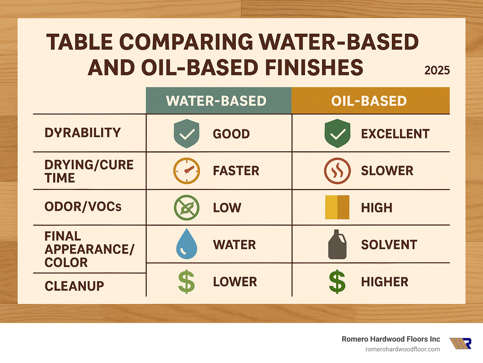 Table comparing Water-Based and Oil-Based finishes on: Durability, Drying/Cure Time, Odor/VOCs, Final Appearance/Color, Cleanup, and Cost. - floorboard stain and varnish infographic 