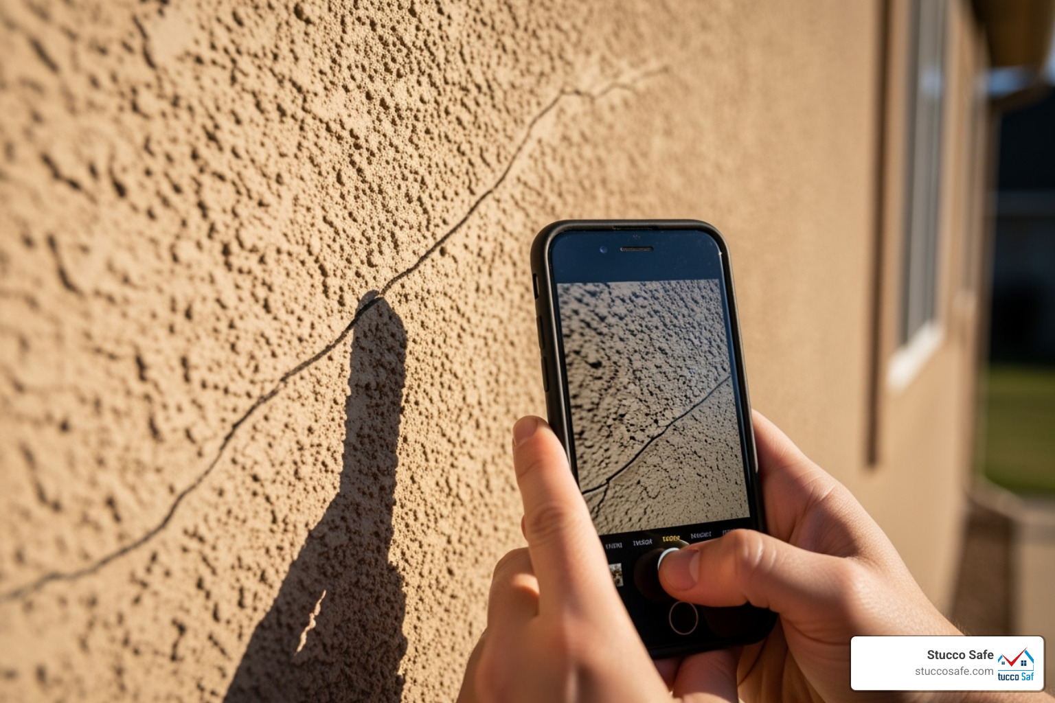 homeowner taking a photo of a crack in their stucco siding - can you get homeowners insurance for a stucco house