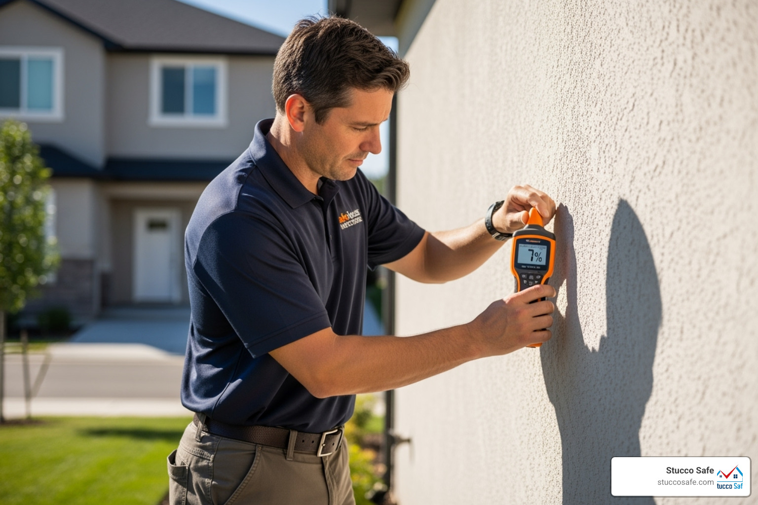 certified inspector using a moisture meter on a stucco wall - can you get homeowners insurance for a stucco house