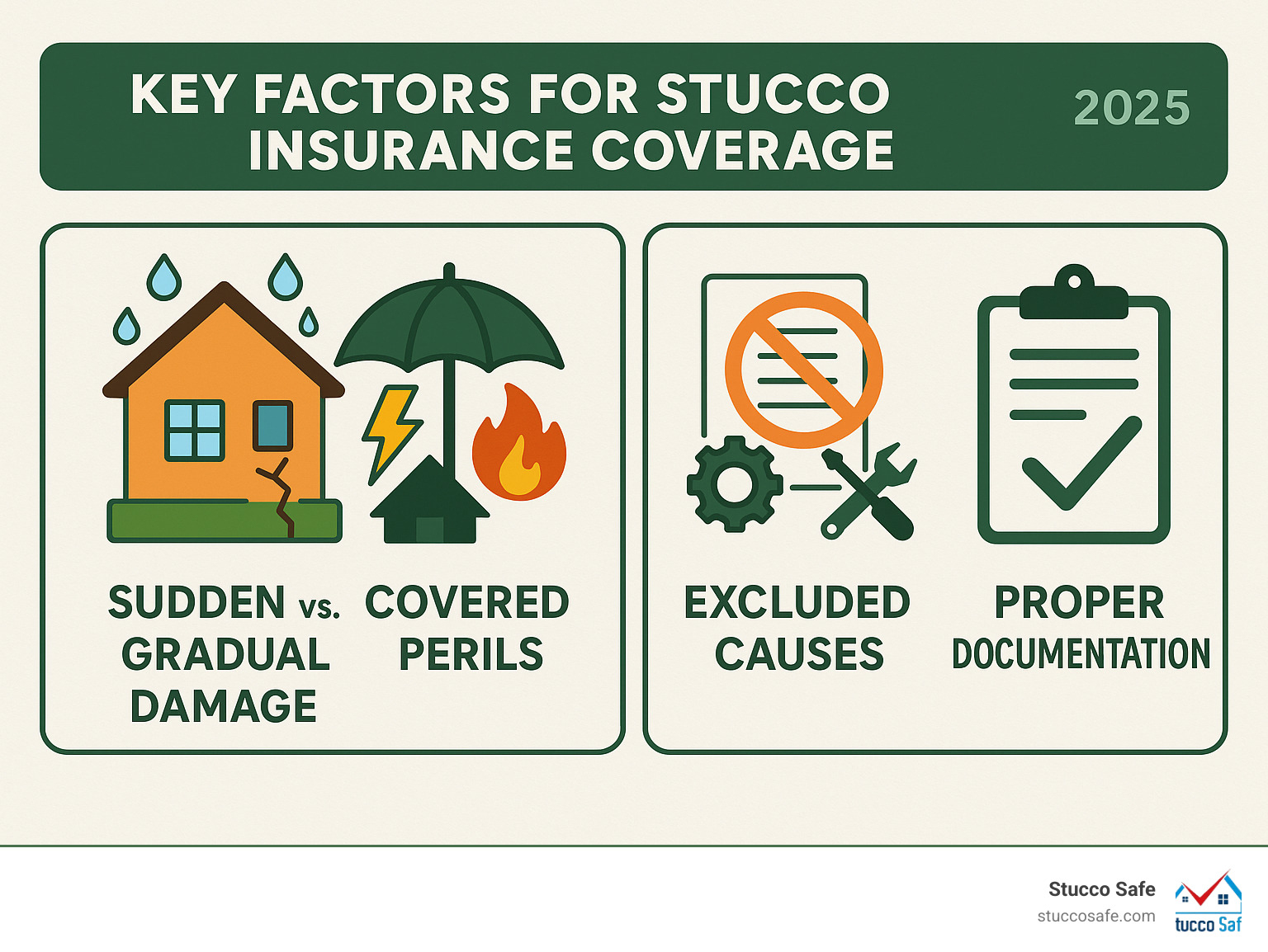 Infographic showing the key factors that determine stucco insurance coverage: sudden vs gradual damage, covered perils like storms and fire, excluded causes like poor installation and maintenance issues, and the importance of proper documentation - can you get homeowners insurance for a stucco house infographic 