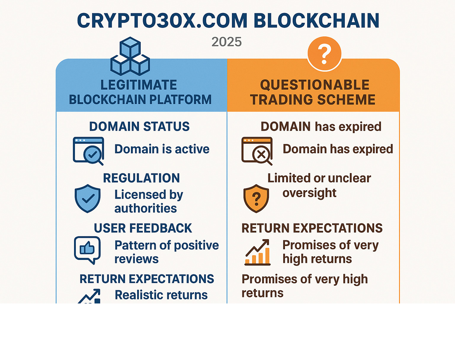 Infographic showing the key differences between legitimate blockchain platforms and questionable trading schemes, including verification checkpoints for domain status, regulatory compliance, user feedback patterns, and realistic return expectations - crypto30x.com blockchain infographic 