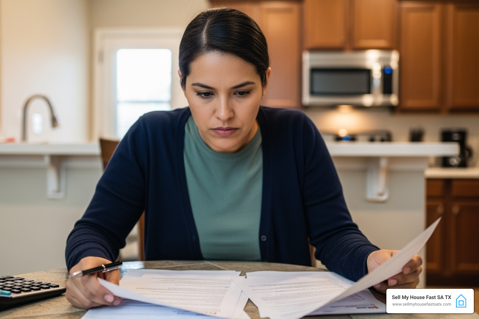 San Antonio homeowner reviewing financial documents at kitchen table - sell house after job loss San Antonio homeowner reviewing financial documents at kitchen table - sell house after job loss