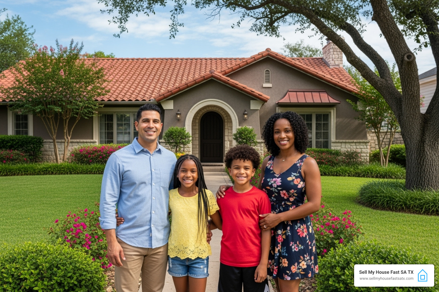 San Antonio family smiling, looking forward to a fresh start after selling their home - sell house after job loss San Antonio family smiling, looking forward to a fresh start after selling their home - sell house after job loss