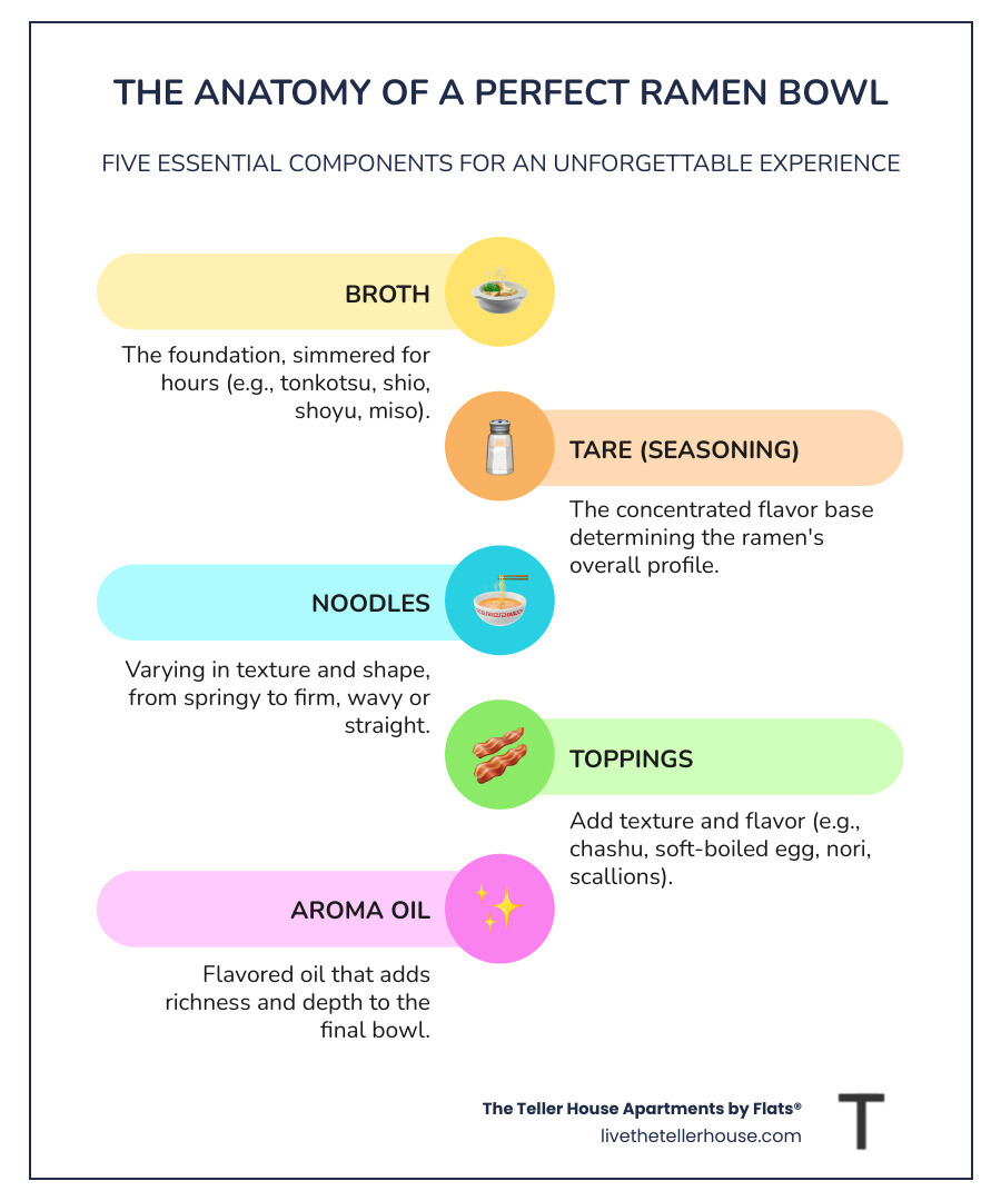 Infographic showing the five essential components of a perfect ramen bowl: rich broth base, seasoning tare, fresh noodles with proper texture, carefully selected toppings like chashu pork and soft-boiled eggs, and aromatic oil floating on top - best ramen Uptown Chicago infographic infographic-line-5-steps-colors