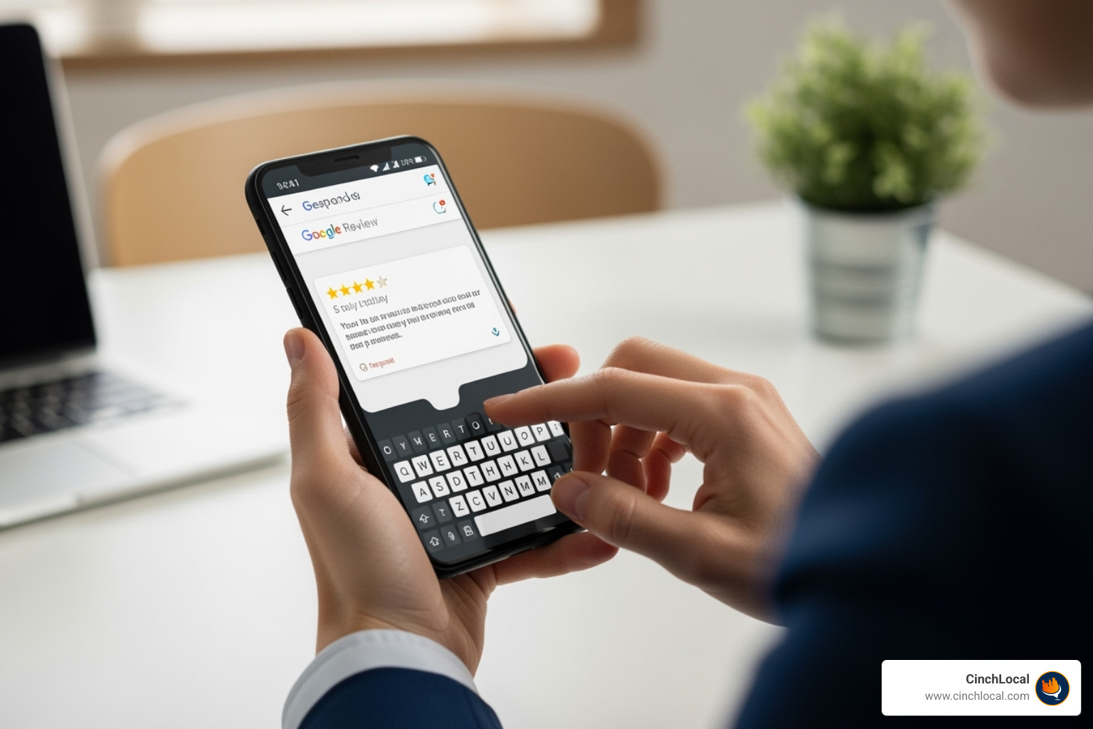 Image of a business owner responding to a Google review on their phone. - google map seo services