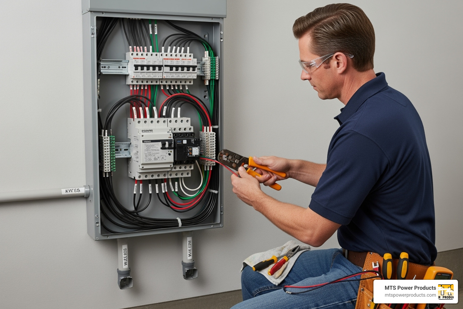 licensed electrician wiring an automatic transfer switch - automatic transfer switch for solar power