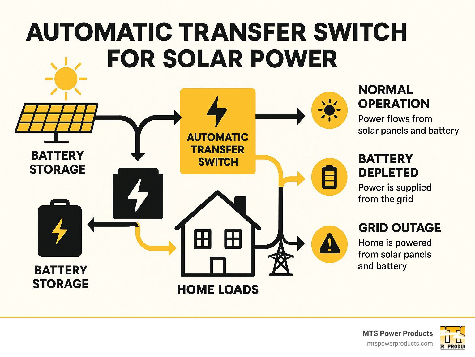 Infographic showing power flow from solar panels through battery storage to home loads, with automatic transfer switch directing power between solar/battery system and utility grid during different scenarios including normal operation, battery depletion, and grid outages - automatic transfer switch for solar power infographic 