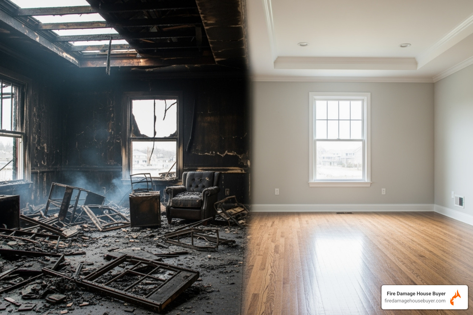 split image showing a repaired room vs a damaged room - can you sell a fire damaged house