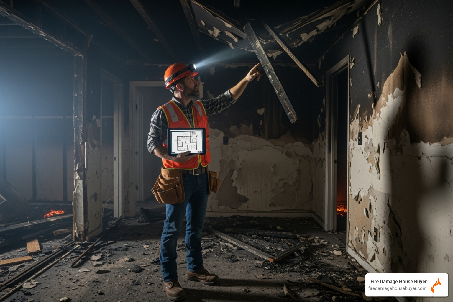 contractor inspecting fire damage - can you sell a fire damaged house