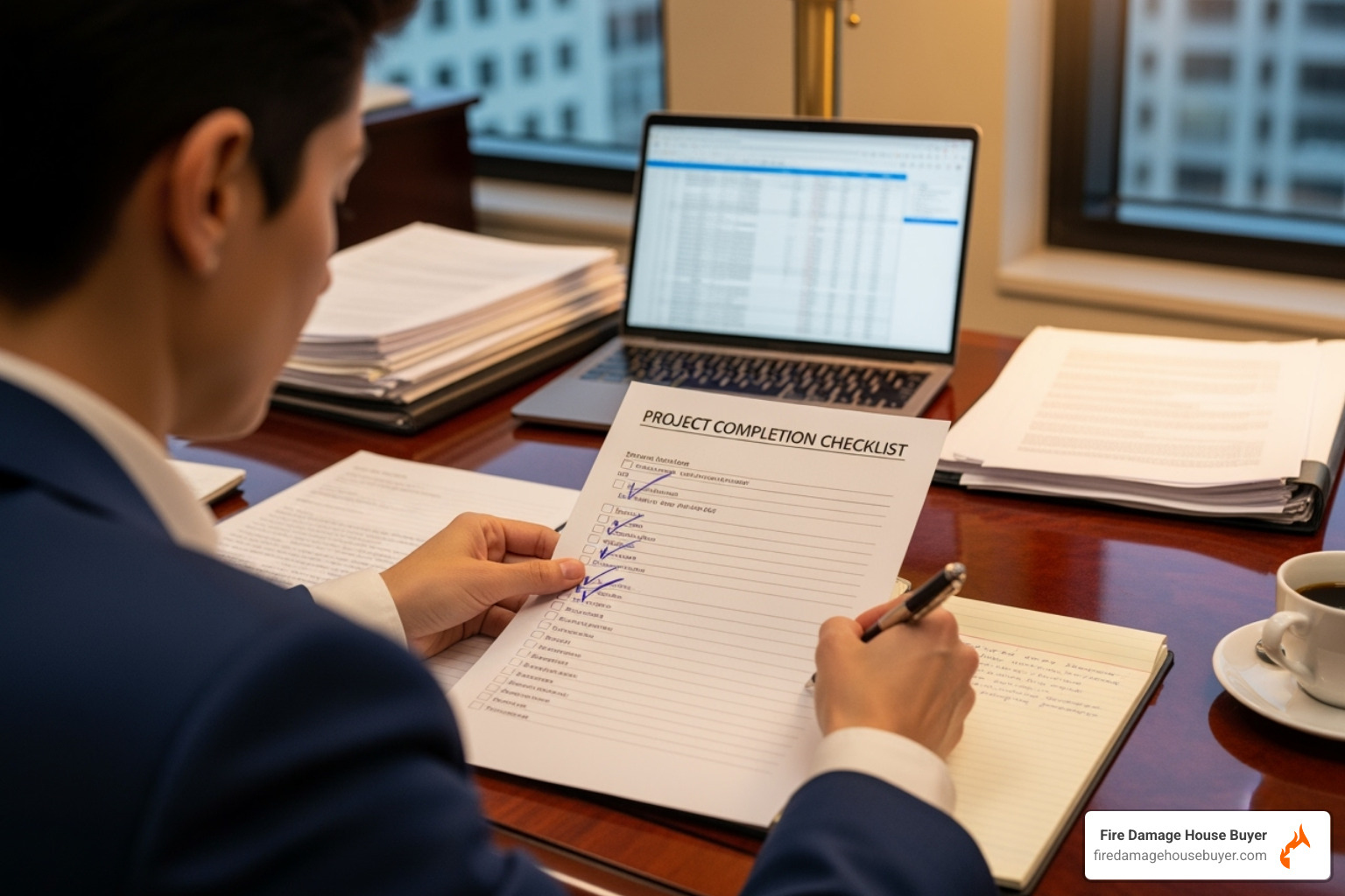 person reviewing documents with a checklist - can you sell a fire damaged house