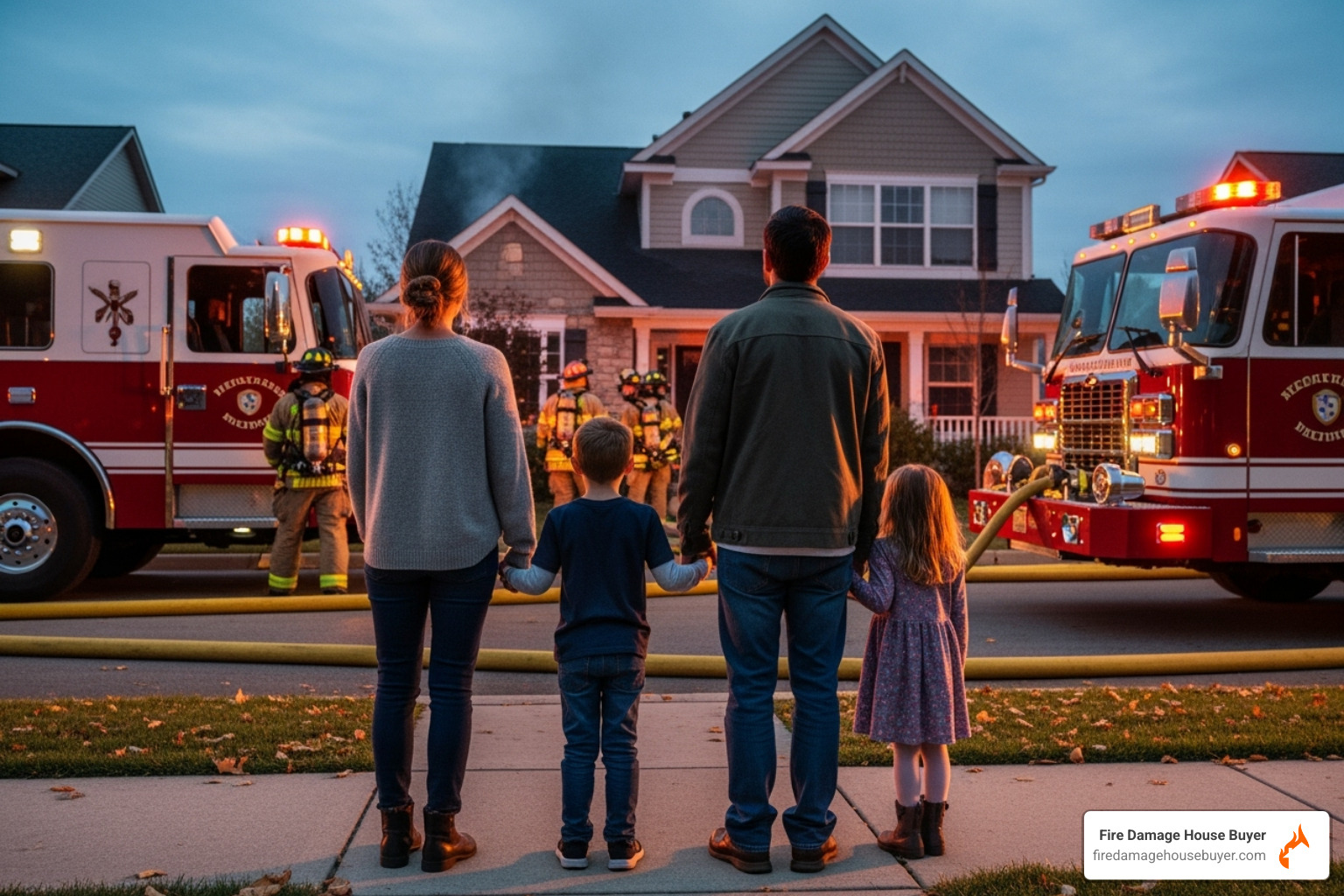 family safely outside a home with emergency services in the background - can you sell a fire damaged house