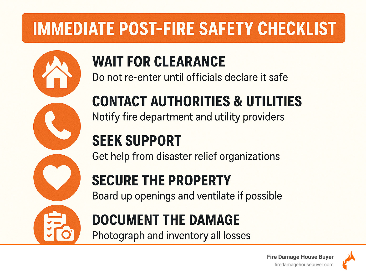 Infographic explaining the immediate post-fire safety checklist - can you sell a fire damaged house infographic 