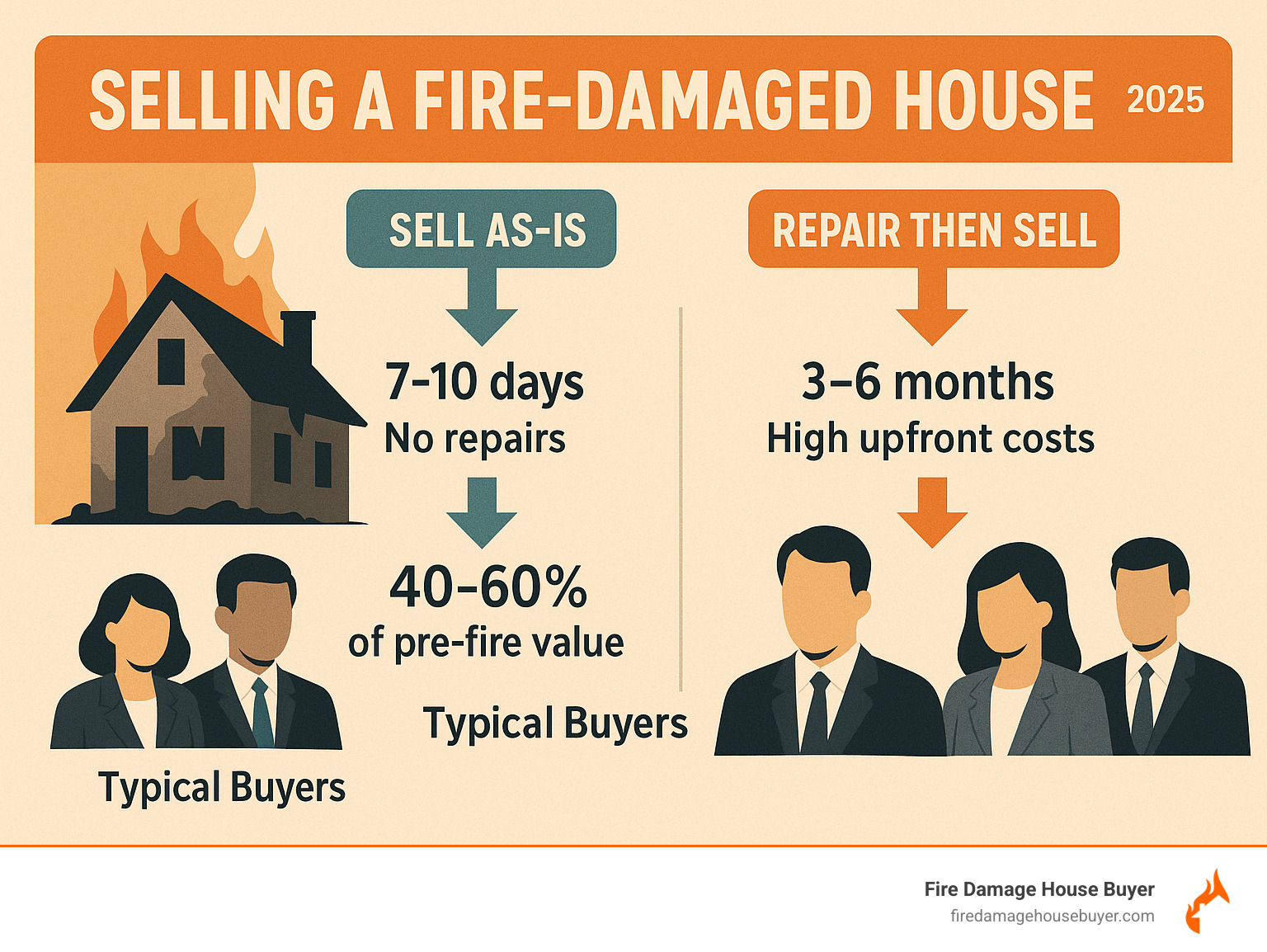Infographic showing the process of selling a fire-damaged house with two main paths: selling as-is to cash buyers (7-10 days, no repairs needed, 40-60% of pre-fire value) versus repairing first then selling traditionally (3-6 months, high upfront costs, 80-90% of pre-fire value), including typical buyers for each option and key considerations - can you sell a fire damaged house infographic 