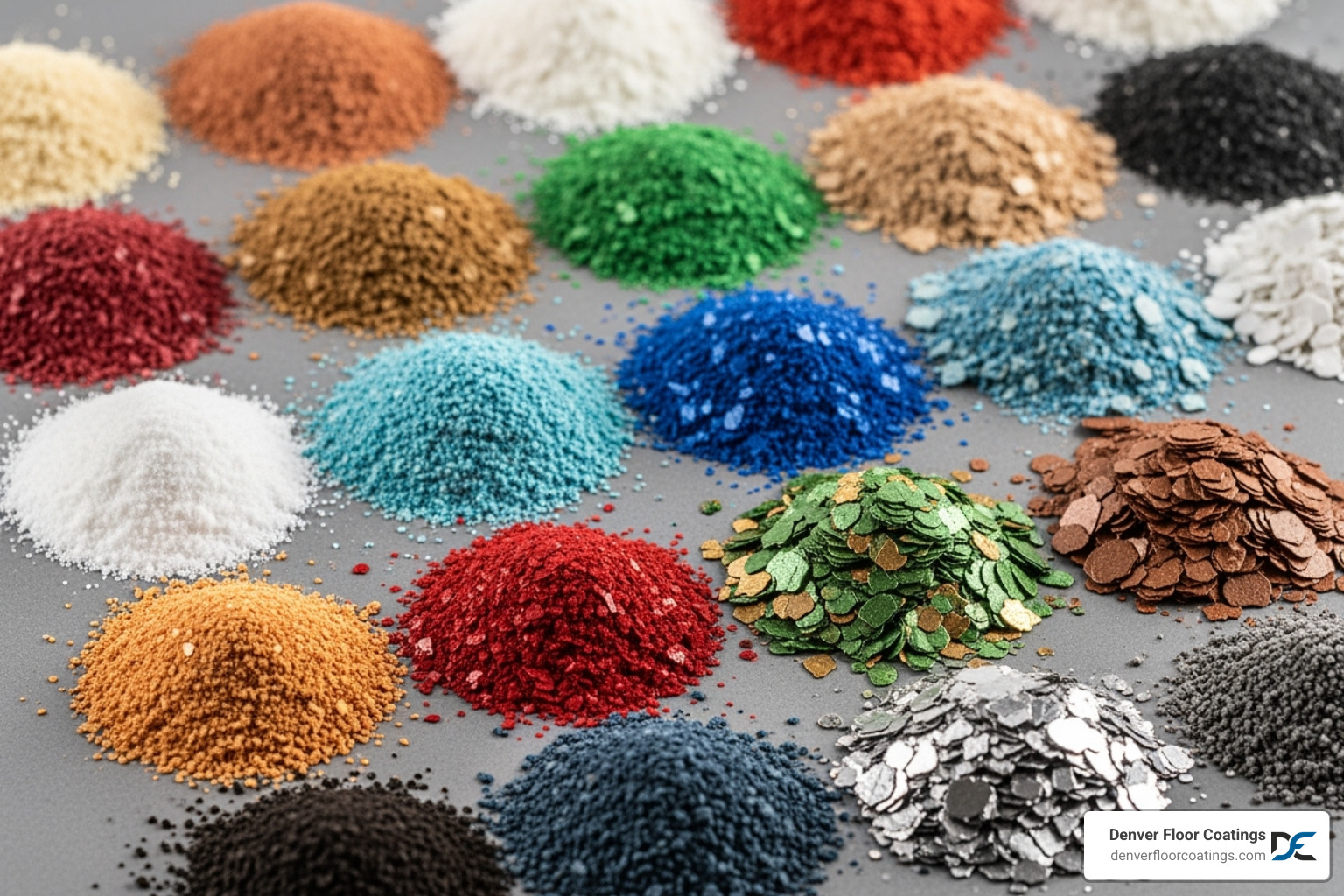 Various decorative flake color samples laid out neatly - concrete coating company