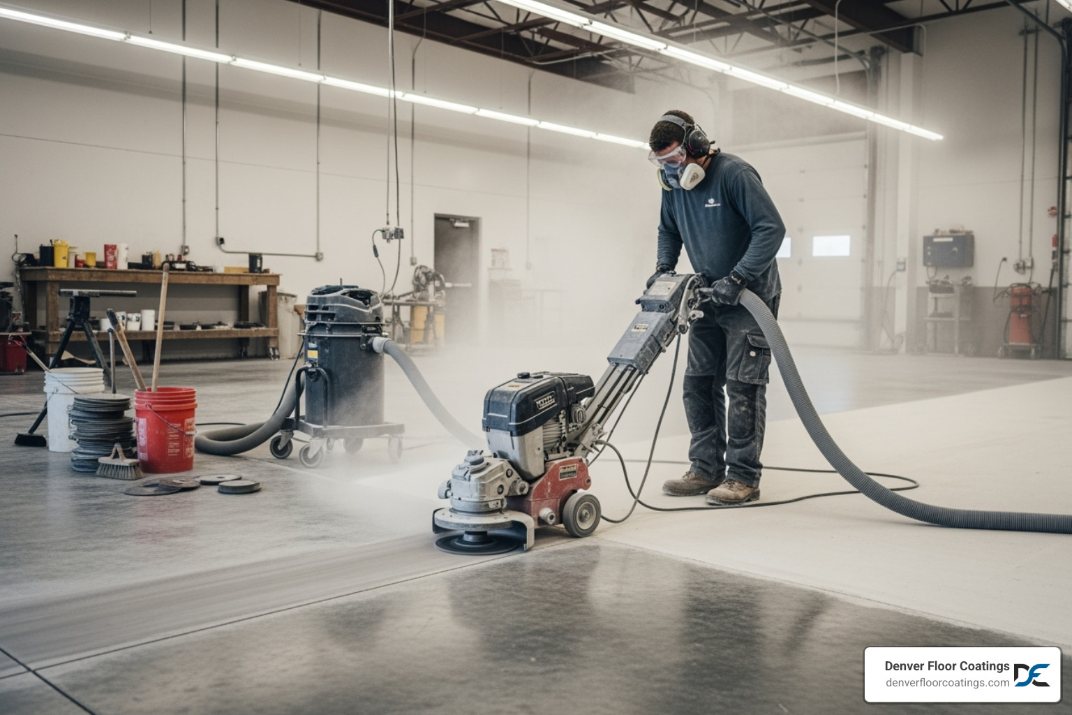 Professional technician using a diamond grinder to prepare a concrete floor - concrete coating company