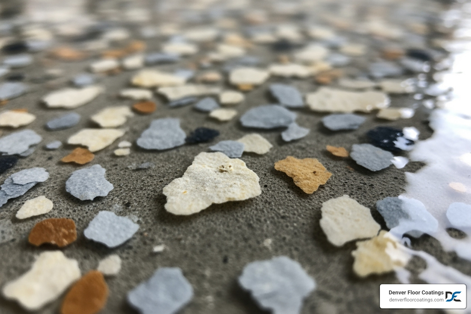 Close-up shot showing the texture and layers of a polyaspartic flake system - concrete coating company
