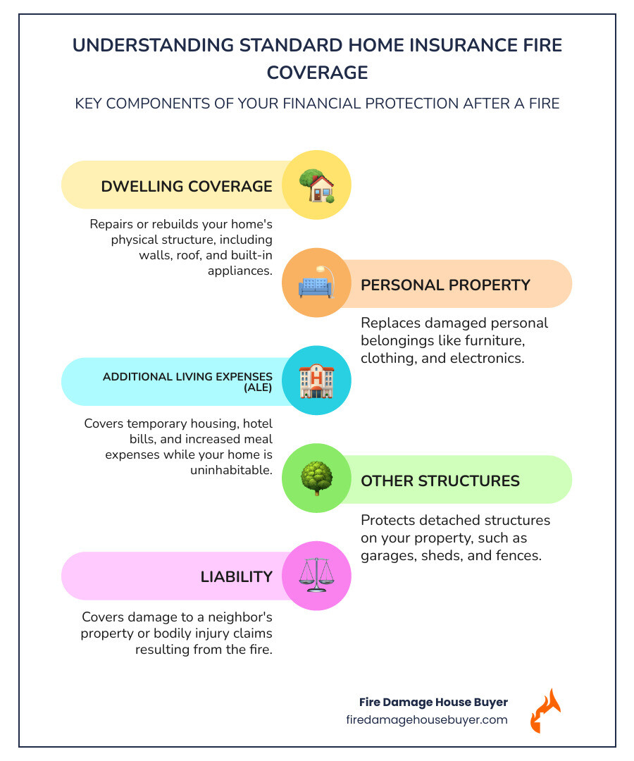 Comprehensive breakdown of home insurance fire damage coverage including dwelling protection, personal property replacement, additional living expenses, and liability coverage with typical payout ranges - does house insurance cover fire damage infographic infographic-line-5-steps-colors
