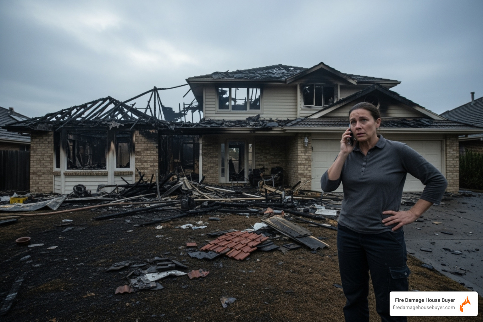 homeowner on phone looking at damage - does house insurance cover fire damage