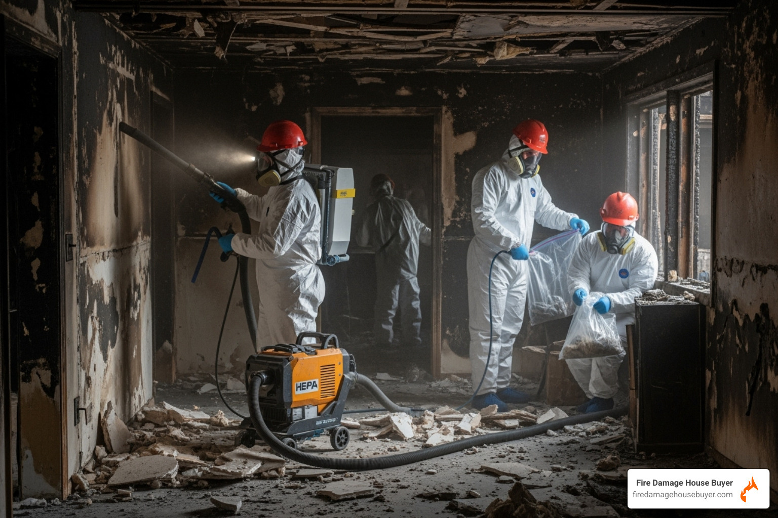 restoration professionals in full PPE working inside a damaged home - House Fire Damage Restoration