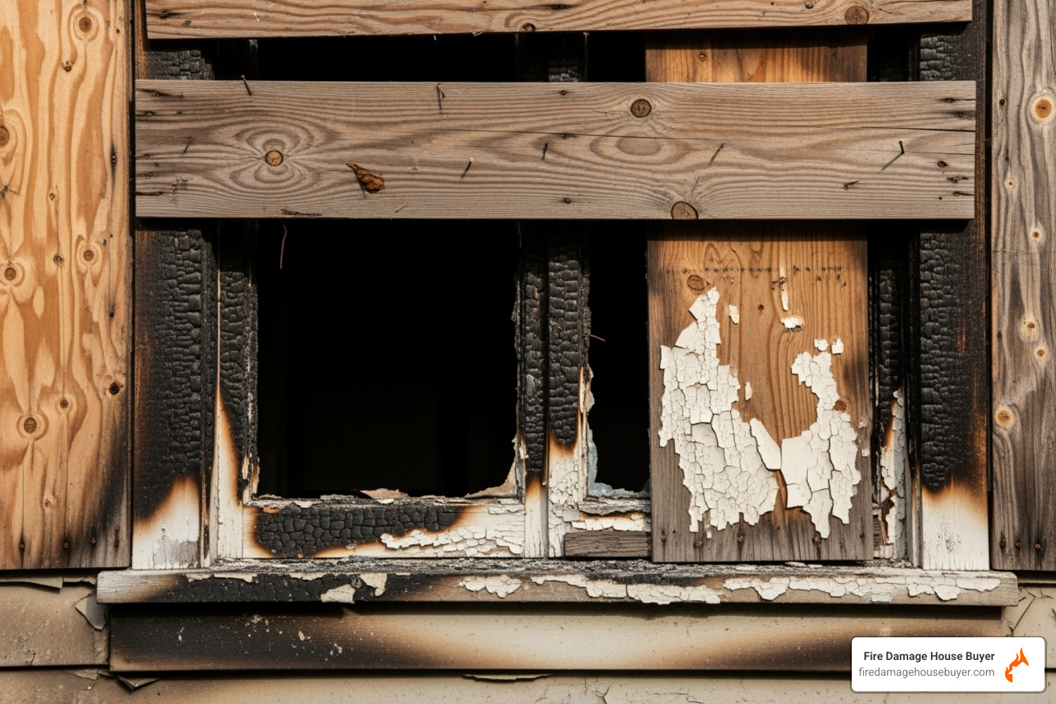 a boarded-up window on a fire-damaged house - House Fire Damage Restoration