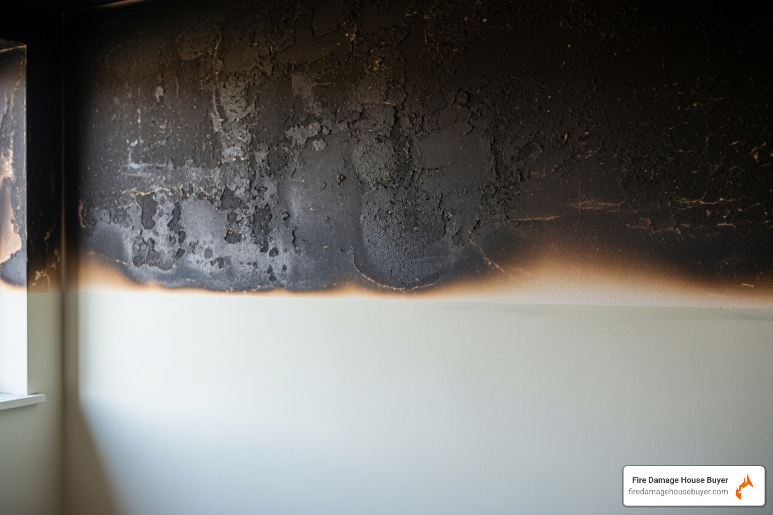 a wall half-cleaned of soot, showing the contrast - House Fire Damage Restoration