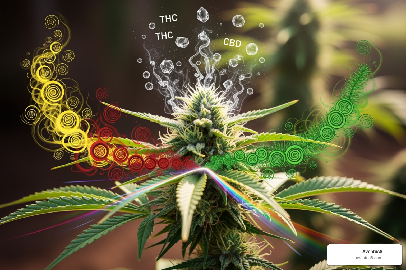 cannabis plant with callouts for cannabinoids, terpenes, and flavonoids - full spectrum cbd