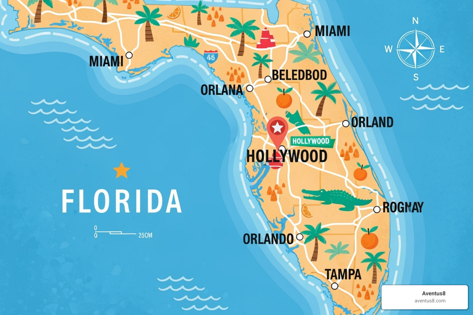 stylized map of Florida highlighting Hollywood - full spectrum cbd