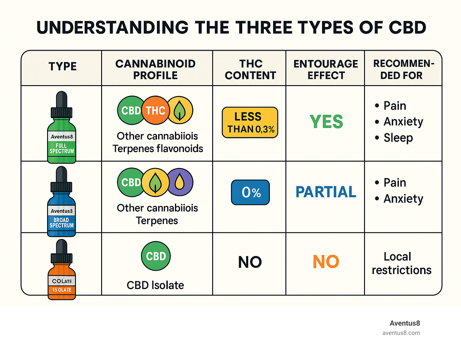 Comprehensive comparison infographic showing the three types of CBD products with their cannabinoid profiles, THC content levels, entourage effect potential, and recommended use cases for Hollywood FL residents, including Aventus8 product examples - full spectrum cbd infographic 