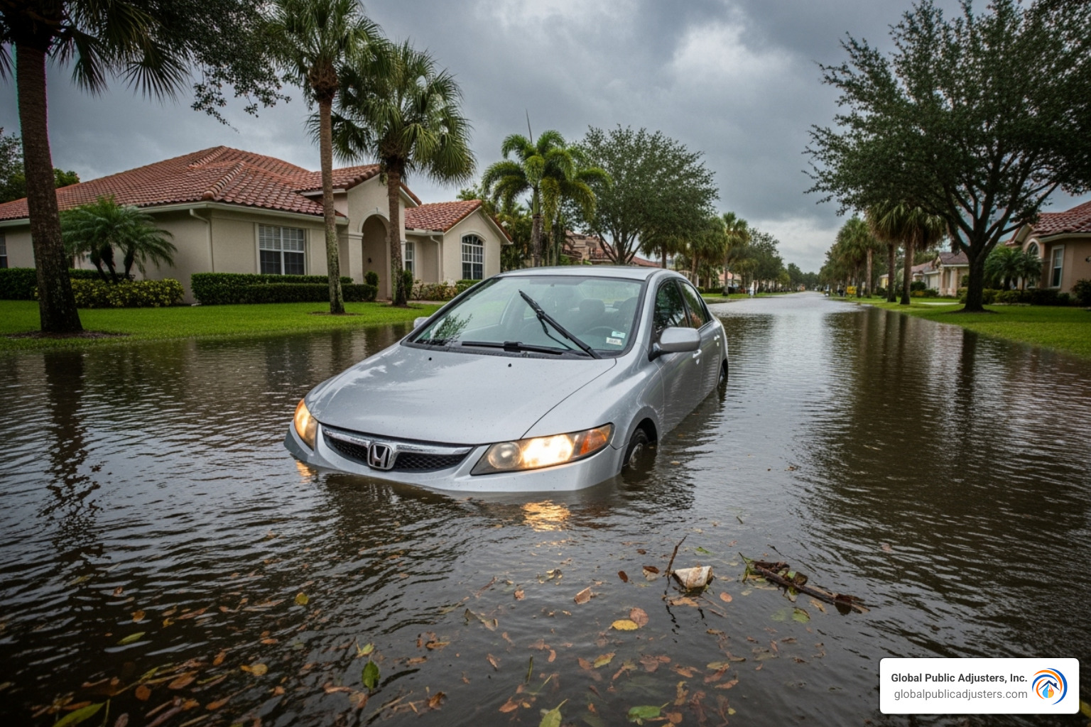 car partially submerged in floodwater - Florida water damage