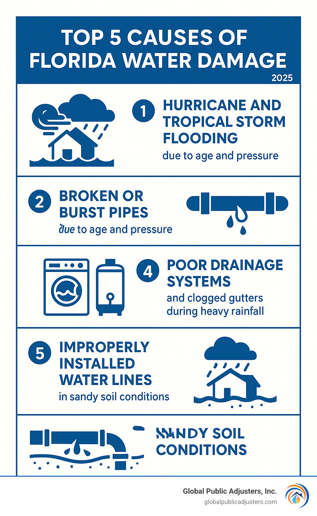 Infographic showing the top 5 causes of Florida water damage: 1) Hurricane and tropical storm flooding with wind-driven rain, 2) Broken or burst pipes due to age and pressure, 3) Appliance failures including washing machines and water heaters, 4) Poor drainage systems and clogged gutters during heavy rainfall, 5) Improperly installed water lines in sandy soil conditions - Florida water damage infographic 