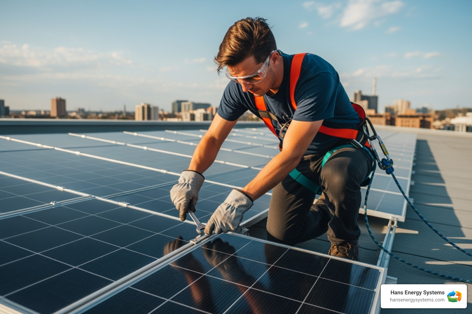 person wearing safety glasses and heavy-duty gloves while working on a solar panel - how to repair broken solar panel glass