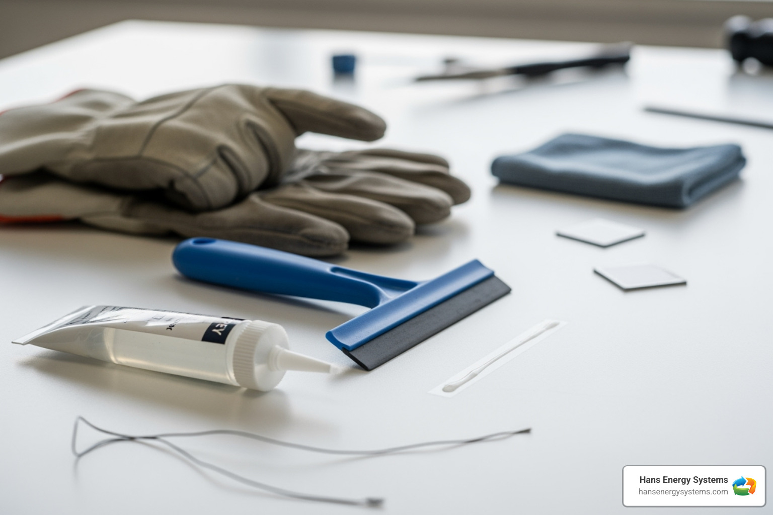 DIY repair materials like resin, a squeegee, and gloves - how to repair broken solar panel glass