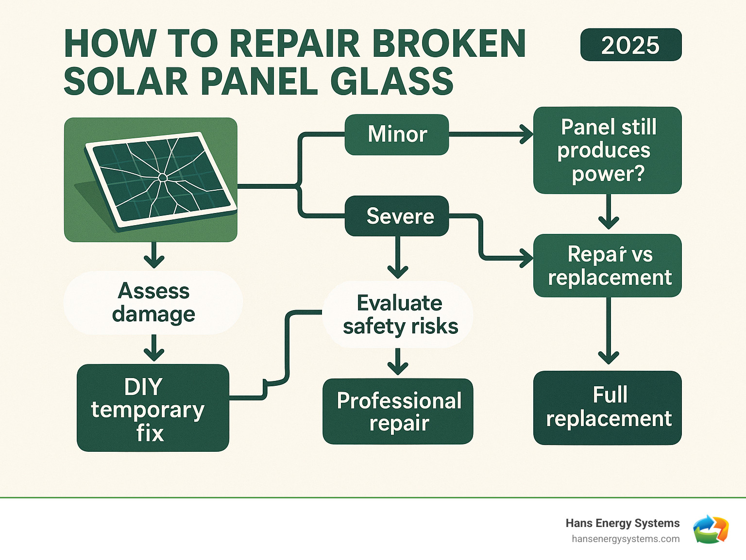 Infographic showing decision tree for solar panel glass repair: assess damage severity, check if panel still produces power, evaluate repair costs versus replacement costs, consider safety risks, and choose between DIY temporary fix, professional repair, or full replacement based on damage extent and budget - how to repair broken solar panel glass infographic 