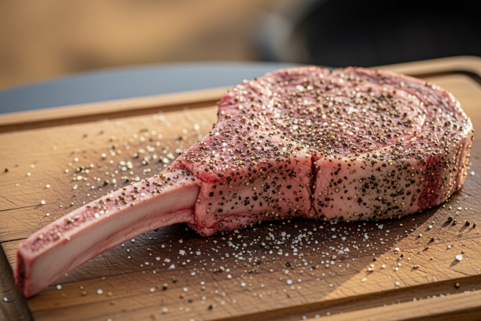 a tomahawk steak seasoned generously with salt and pepper, ready for the grill - grass fed tomahawk steak