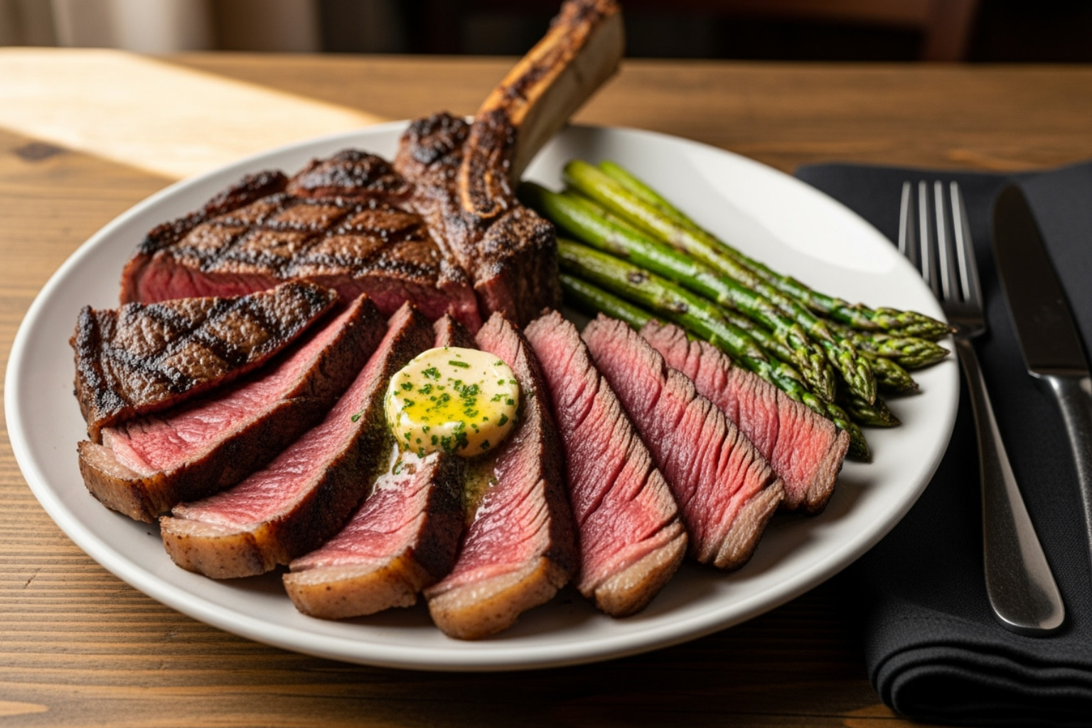 a perfectly cooked and sliced tomahawk steak served with garlic butter and a side of roasted asparagus - grass fed tomahawk steak