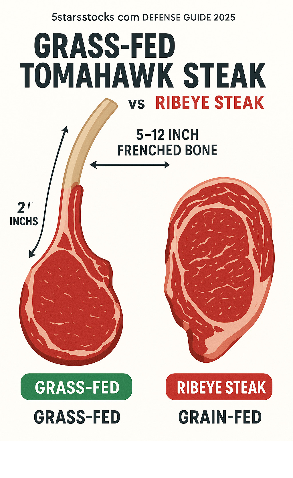 Detailed comparison infographic showing a grass-fed tomahawk steak next to a regular ribeye steak, highlighting the 5-12 inch frenched bone extension, 2-inch thickness, and visual differences in marbling patterns between grass-fed and grain-fed beef - grass fed tomahawk steak infographic 