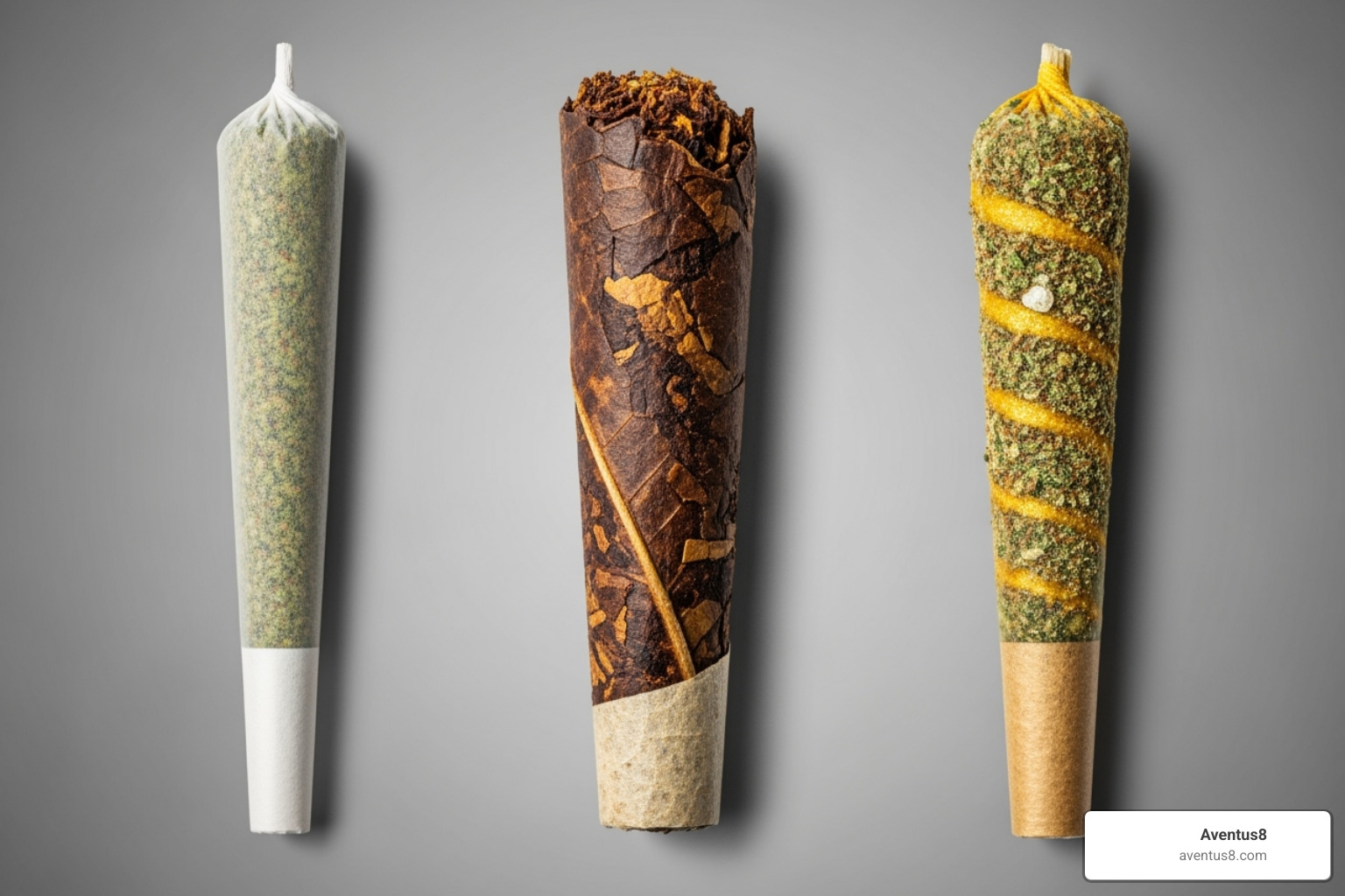comparison of a standard joint, a blunt, and an infused pre-roll—all Aventus8 products - pre roll