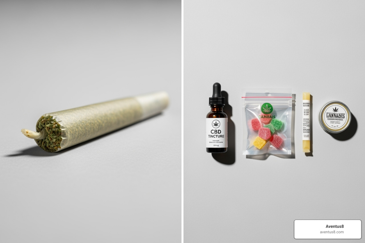split-screen showing an Aventus8 pre-roll on one side and other Aventus8 cannabis products (such as gummies or tinctures) on the other - pre roll