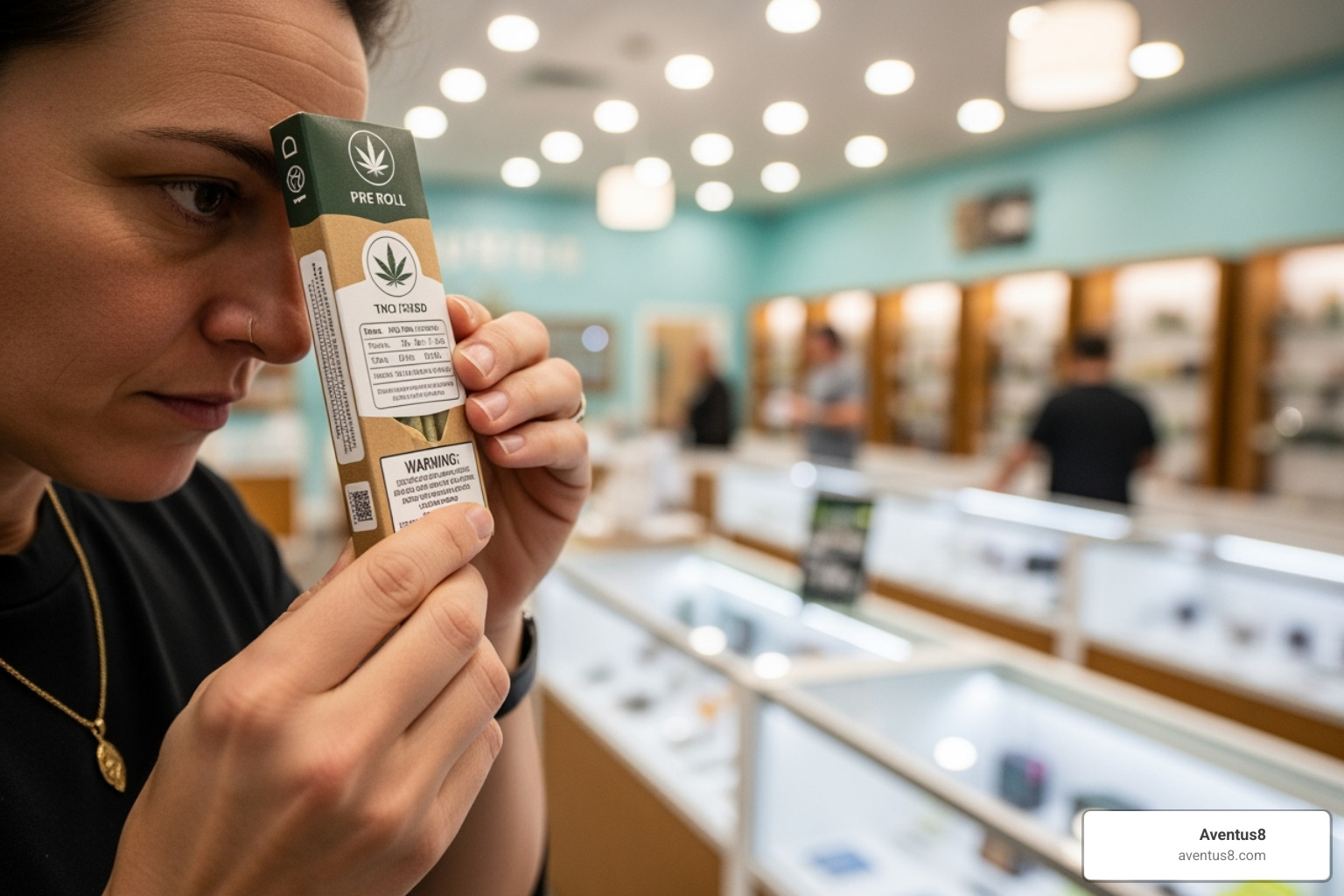 person examining the label on an Aventus8 pre-roll package in a well-lit, modern Hollywood, FL setting - pre roll