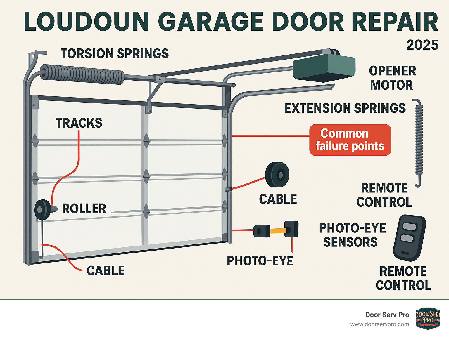 Comprehensive infographic showing garage door system components including torsion springs, extension springs, tracks, rollers, cables, photo-eye sensors, opener motor, and remote control with labels indicating common failure points and repair needs - Loudoun garage door repair infographic Comprehensive infographic showing garage door system components including torsion springs, extension springs, tracks, rollers, cables, photo-eye sensors, opener motor, and remote control with labels indicating common failure points and repair needs - Loudoun garage door repair infographic