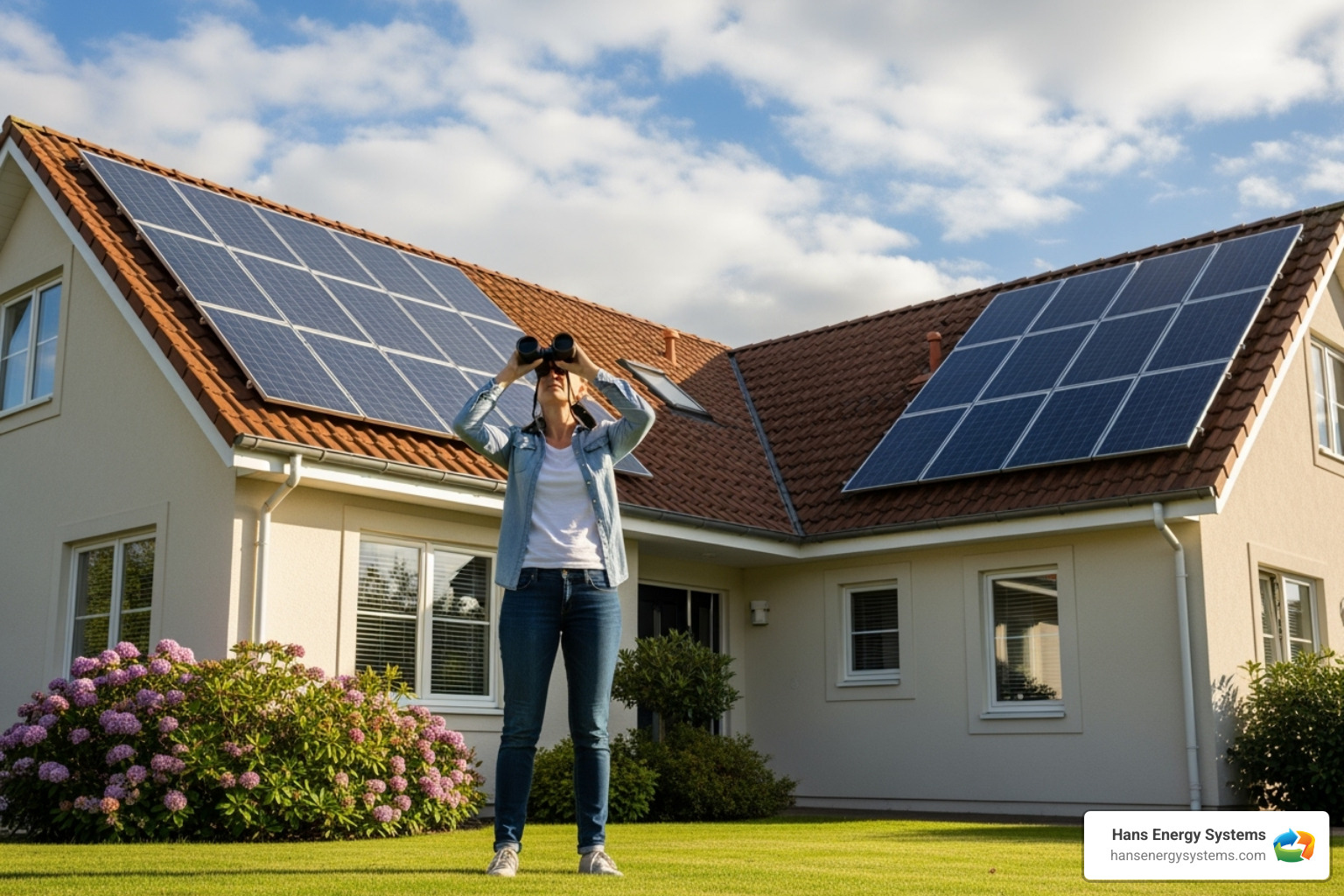 a homeowner with binoculars inspecting their roof-mounted panels from the ground - solar panel repair
