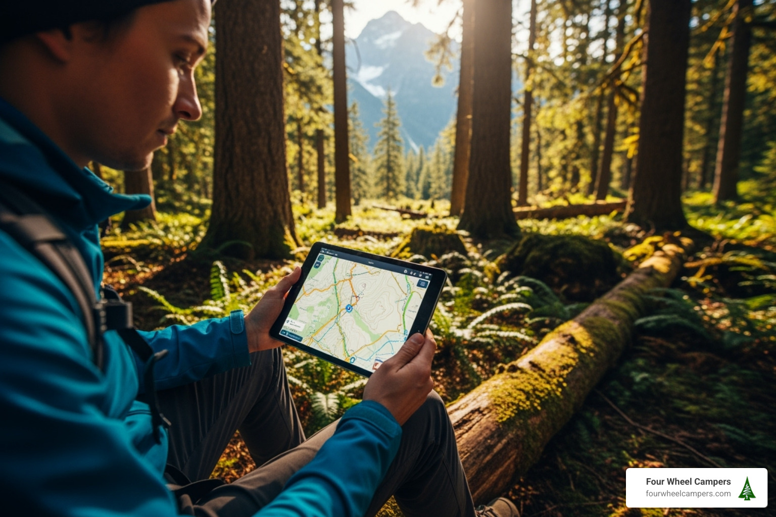 Image of a person using a tablet with a map app in a natural setting - Best Camp Spots