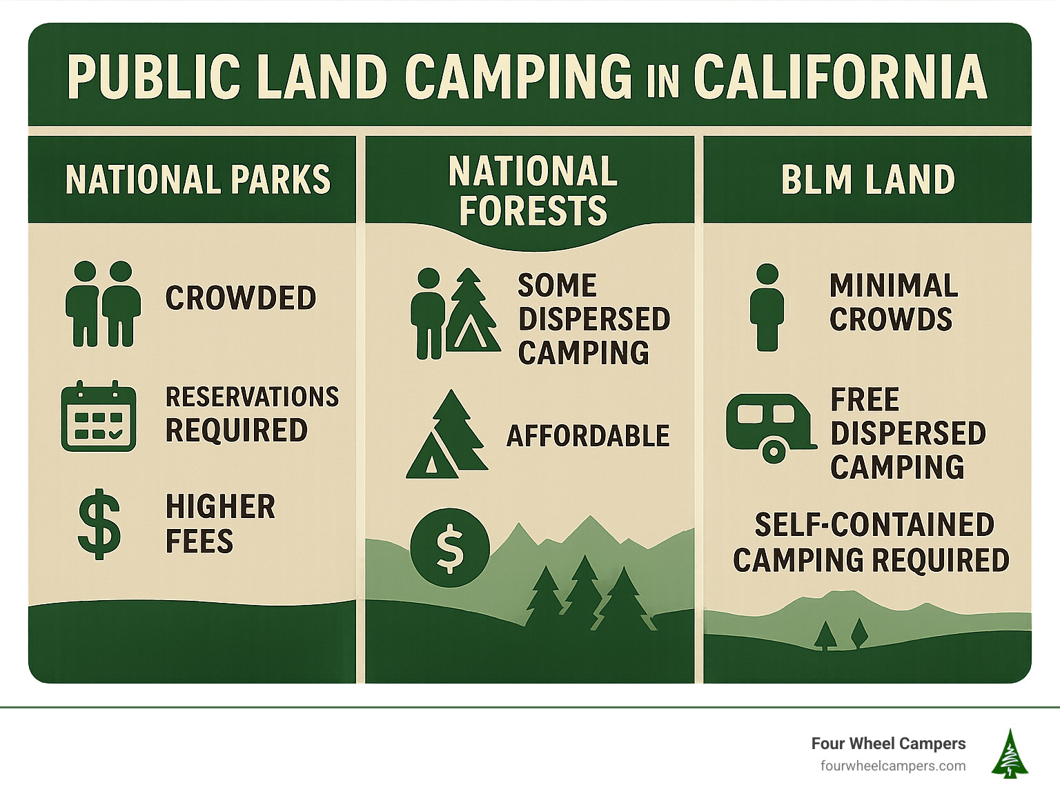 Infographic showing the differences between National Parks (crowded, reservations required, higher fees), National Forests (moderate crowds, some dispersed camping, affordable), and BLM Land (minimal crowds, free dispersed camping, self-contained camping required) with icons and key features for each type of public land camping in California - Best Camp Spots infographic 
