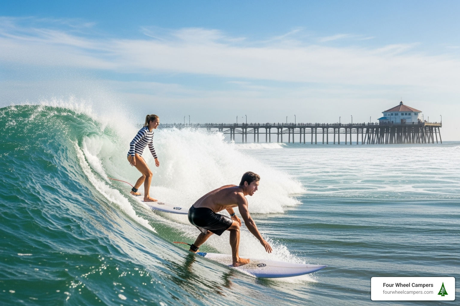 surfers at Huntington Beach with the pier in the background - orange county beaches