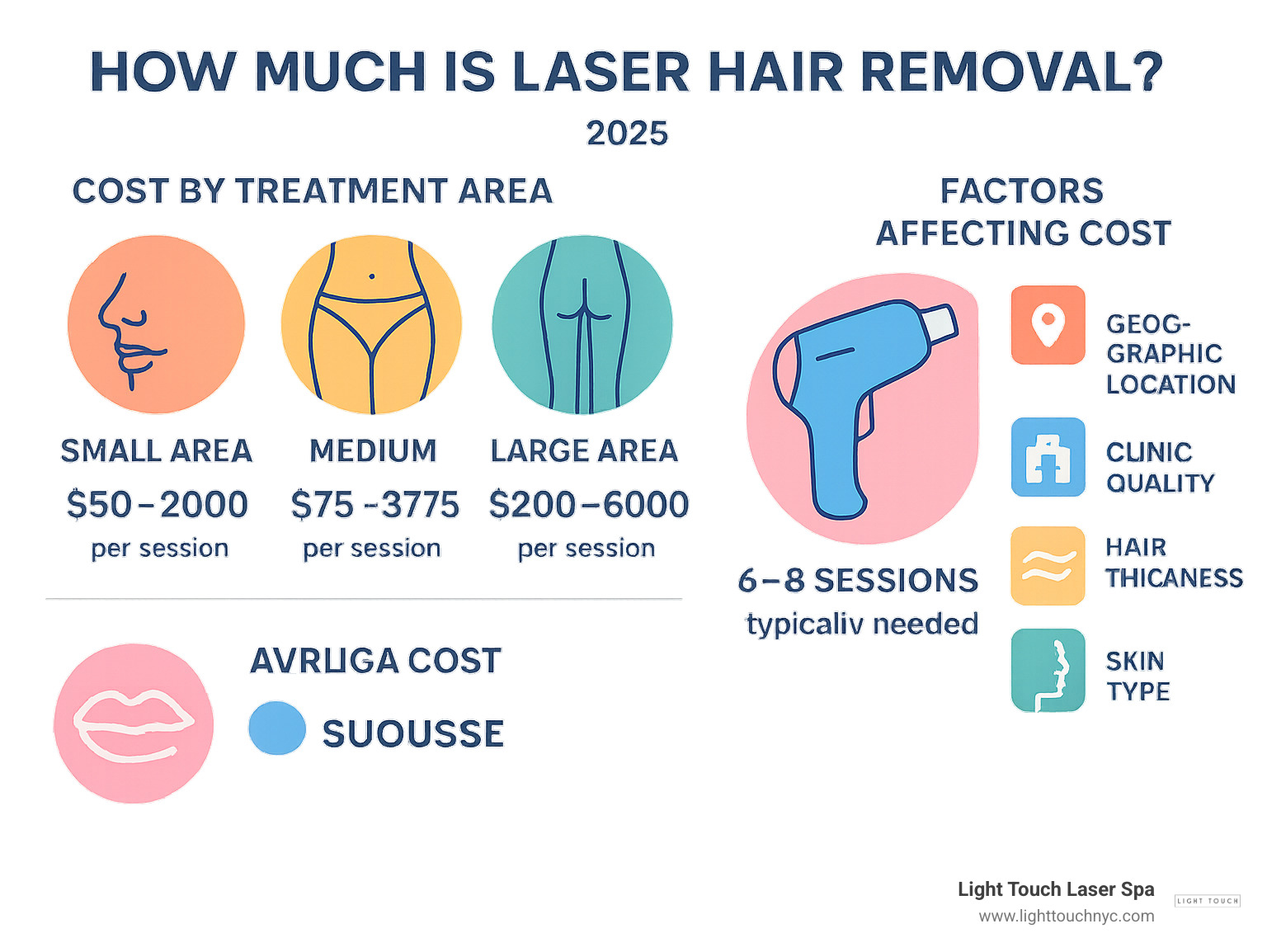 Infographic showing laser hair removal cost breakdown by treatment area, session packages, and factors affecting price including geographic location, clinic quality, hair thickness, and skin type - how much is laser hair removal\ infographic 